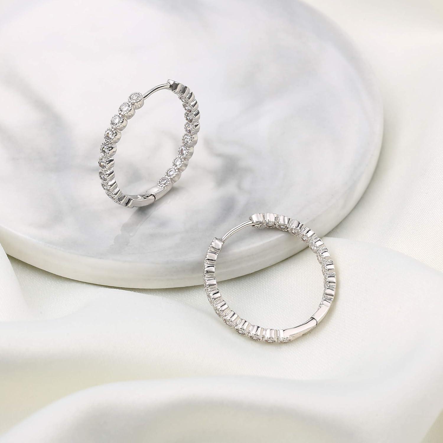 imageInsideout Silver Hoop Earrings for Women Girls S925 Sterling Silver Post White Gold Hoops Dainty Lightweight 25MM CZ Silver Oval Medium InsideOut Hoop Earrings for Women Jewelry
