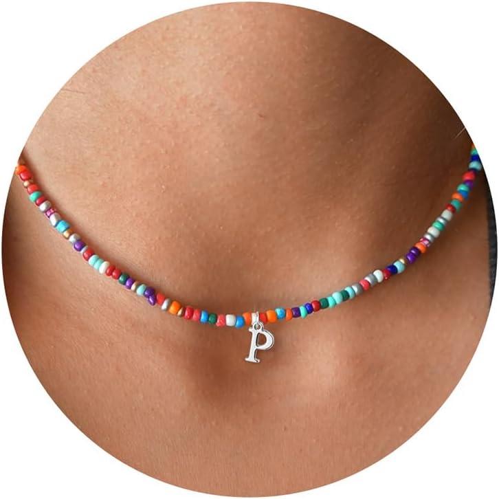 imageYoosteel Colorful Beaded Initial Necklaces for Girls Gifts Cute Choker Necklace for Kids Jewelry AZ Initial Necklaces for Women Personalized Birthday Gifts for Teenage Girls18KWhiteGoldPlated