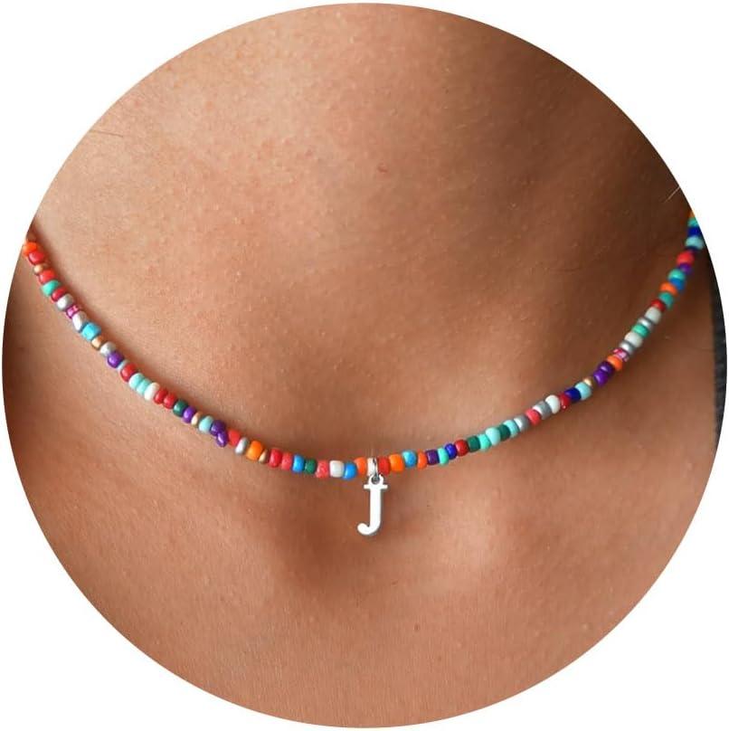 imageYoosteel Colorful Beaded Initial Necklaces for Girls Gifts Cute Choker Necklace for Kids Jewelry AZ Initial Necklaces for Women Personalized Birthday Gifts for Teenage Girls18KWhiteGoldPlated