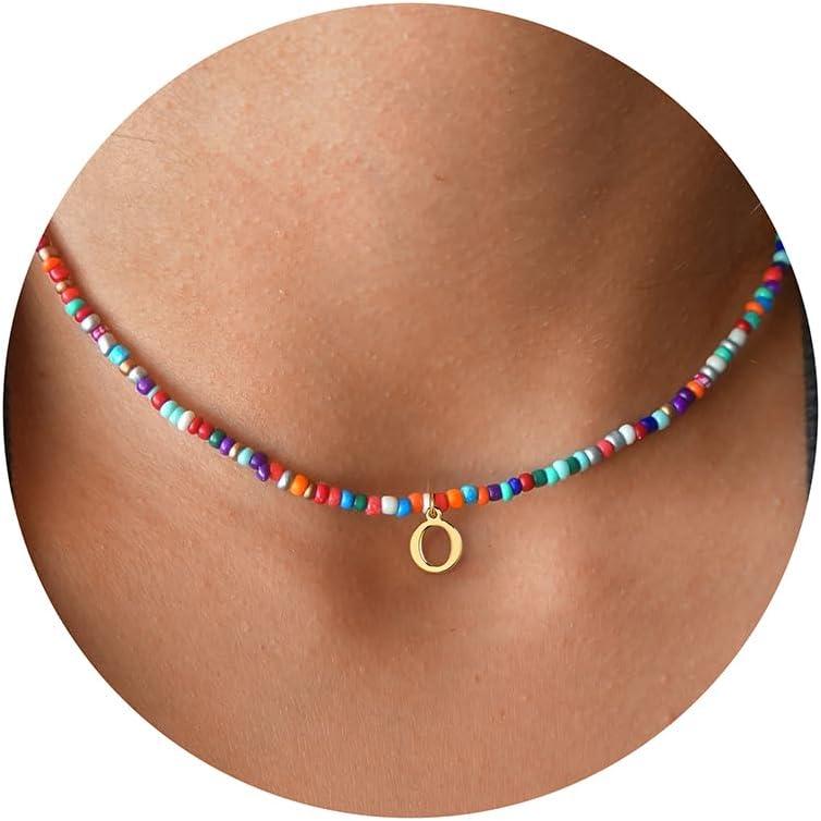 imageYoosteel Colorful Beaded Initial Necklaces for Girls Gifts Cute Choker Necklace for Kids Jewelry AZ Initial Necklaces for Women Personalized Birthday Gifts for Teenage Girls18KGoldPlated