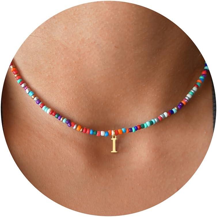 imageYoosteel Colorful Beaded Initial Necklaces for Girls Gifts Cute Choker Necklace for Kids Jewelry AZ Initial Necklaces for Women Personalized Birthday Gifts for Teenage Girls18KGoldPlated