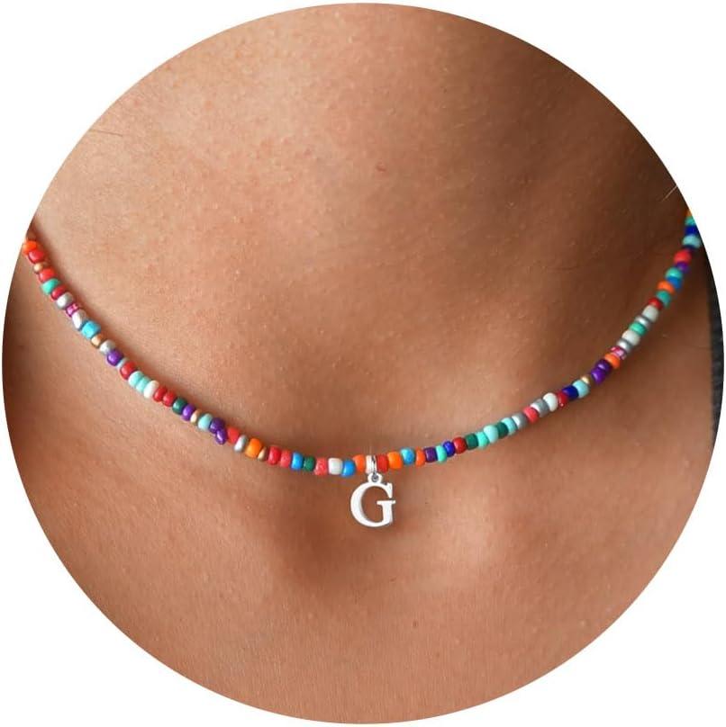 imageYoosteel Colorful Beaded Initial Necklaces for Girls Gifts Cute Choker Necklace for Kids Jewelry AZ Initial Necklaces for Women Personalized Birthday Gifts for Teenage Girls18KWhiteGoldPlated