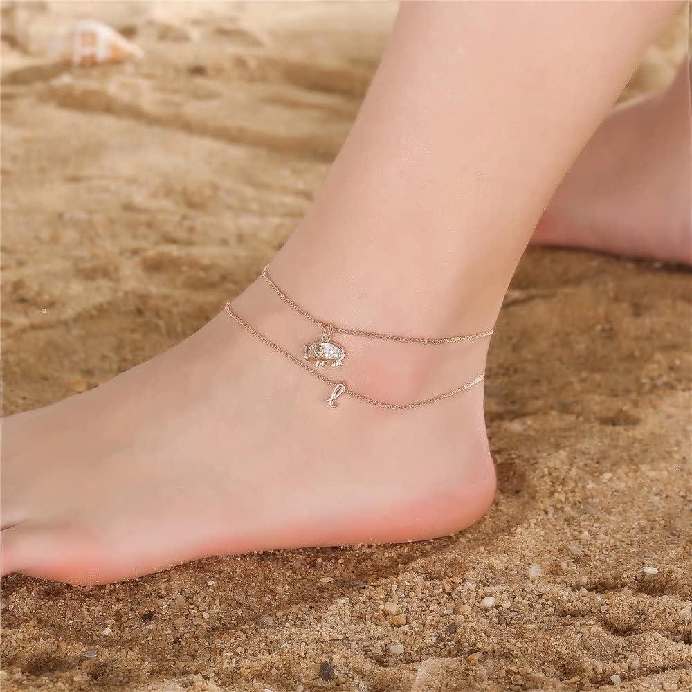 imageYoosteel Elephant Initial Anklet Bracelet for Women 14K Gold Filled Layered Ankle Bracelet Summer Boho Beach Minimalist Initial Anklet
