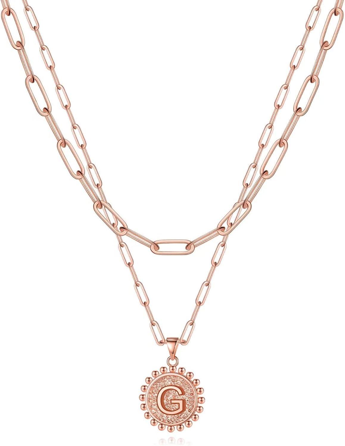 imageYoosteel Gold Layered Initial Necklaces for Women 14K Gold Plated Dainty Layering Paperclip Link Chain Necklace Coin Initial Layered Necklace Birthday Gifts for Women Teen GirlsRose Gold