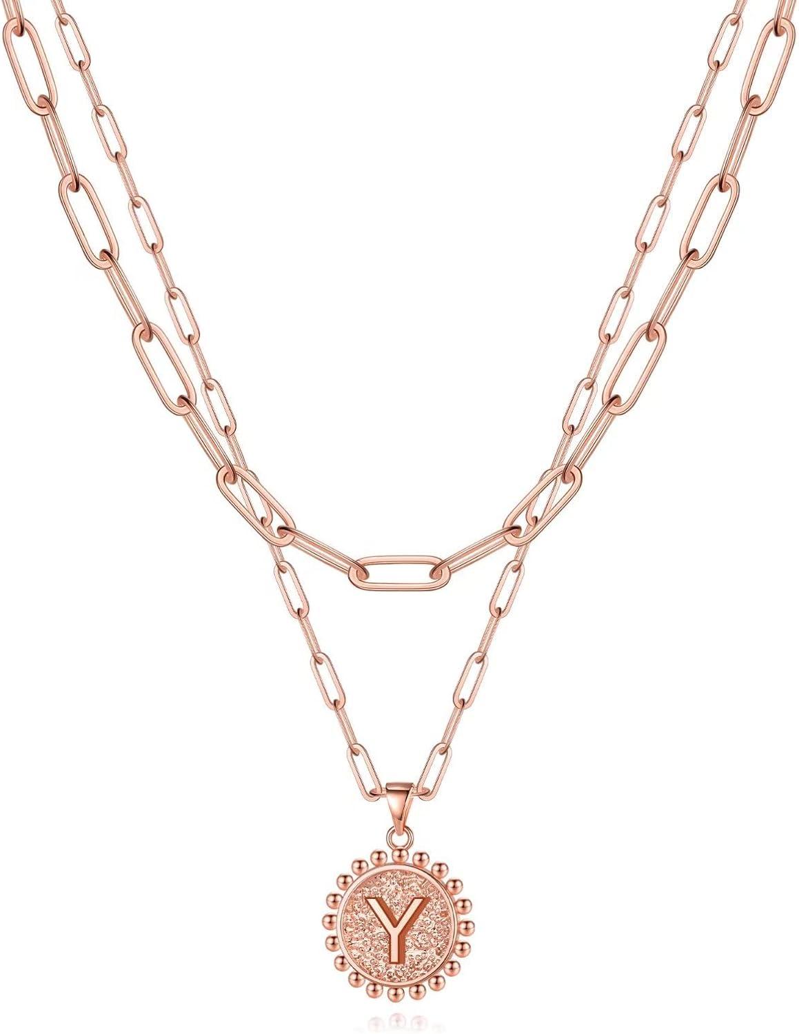 imageYoosteel Gold Layered Initial Necklaces for Women 14K Gold Plated Dainty Layering Paperclip Link Chain Necklace Coin Initial Layered Necklace Birthday Gifts for Women Teen GirlsRose Gold