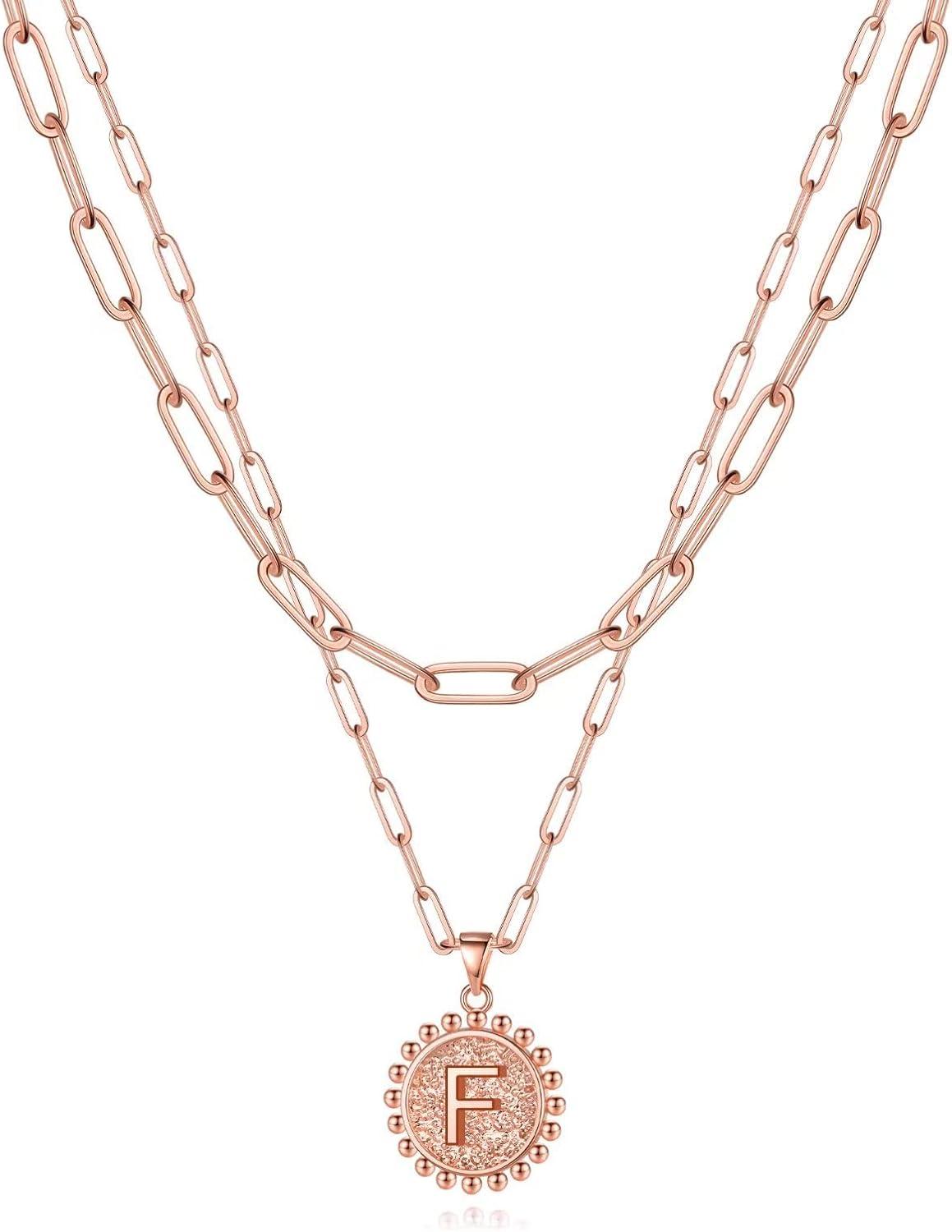 imageYoosteel Gold Layered Initial Necklaces for Women 14K Gold Plated Dainty Layering Paperclip Link Chain Necklace Coin Initial Layered Necklace Birthday Gifts for Women Teen GirlsRose Gold
