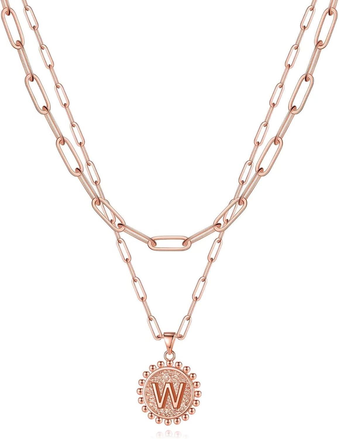 imageYoosteel Gold Layered Initial Necklaces for Women 14K Gold Plated Dainty Layering Paperclip Link Chain Necklace Coin Initial Layered Necklace Birthday Gifts for Women Teen GirlsRose Gold