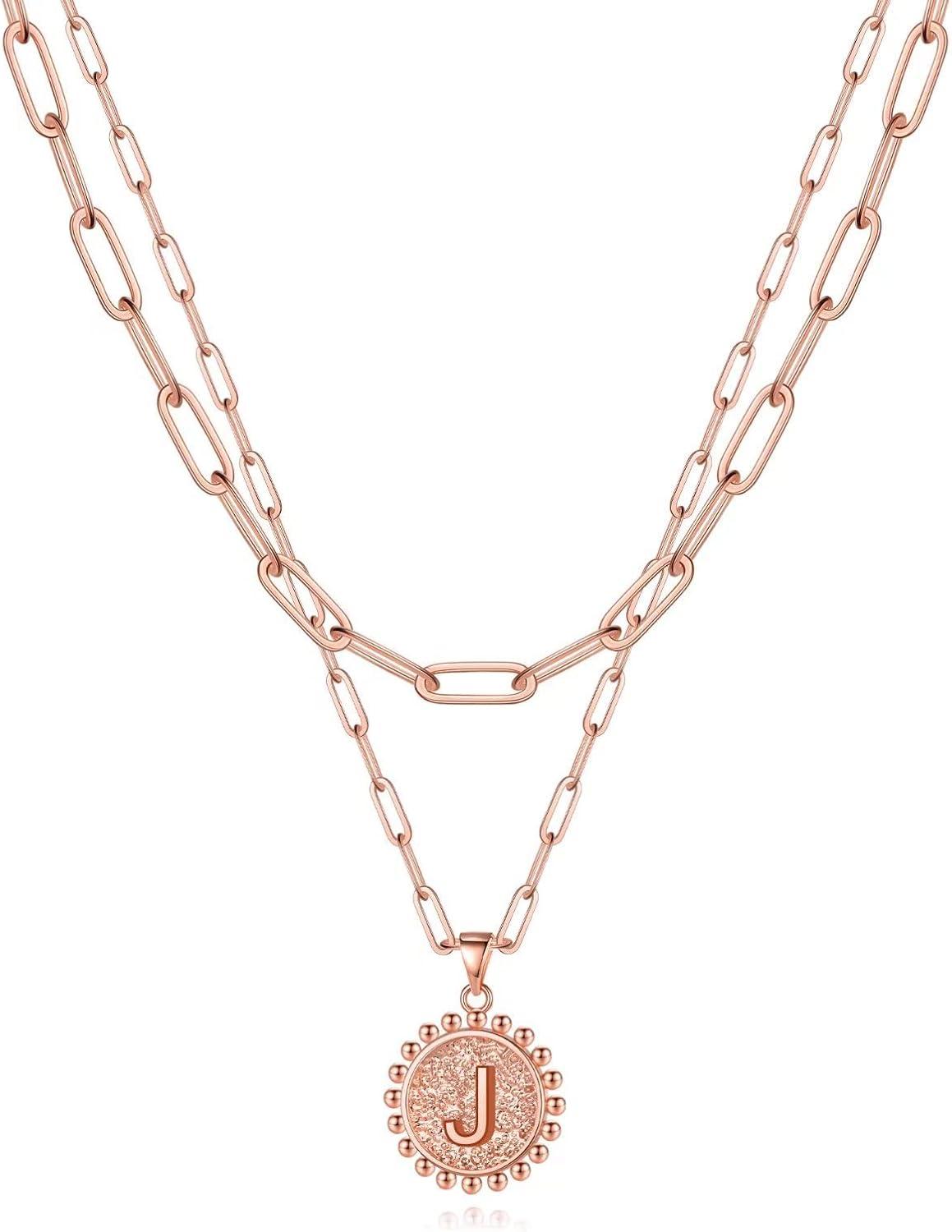 imageYoosteel Gold Layered Initial Necklaces for Women 14K Gold Plated Dainty Layering Paperclip Link Chain Necklace Coin Initial Layered Necklace Birthday Gifts for Women Teen GirlsRose Gold