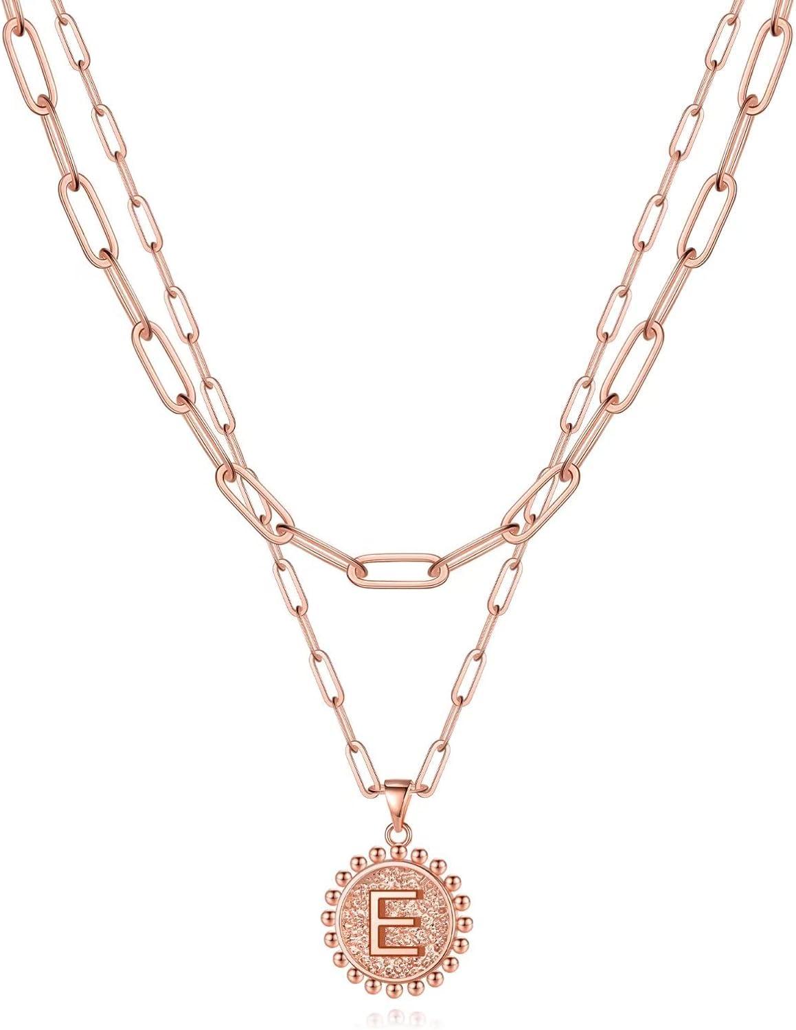 imageYoosteel Gold Layered Initial Necklaces for Women 14K Gold Plated Dainty Layering Paperclip Link Chain Necklace Coin Initial Layered Necklace Birthday Gifts for Women Teen GirlsRose Gold