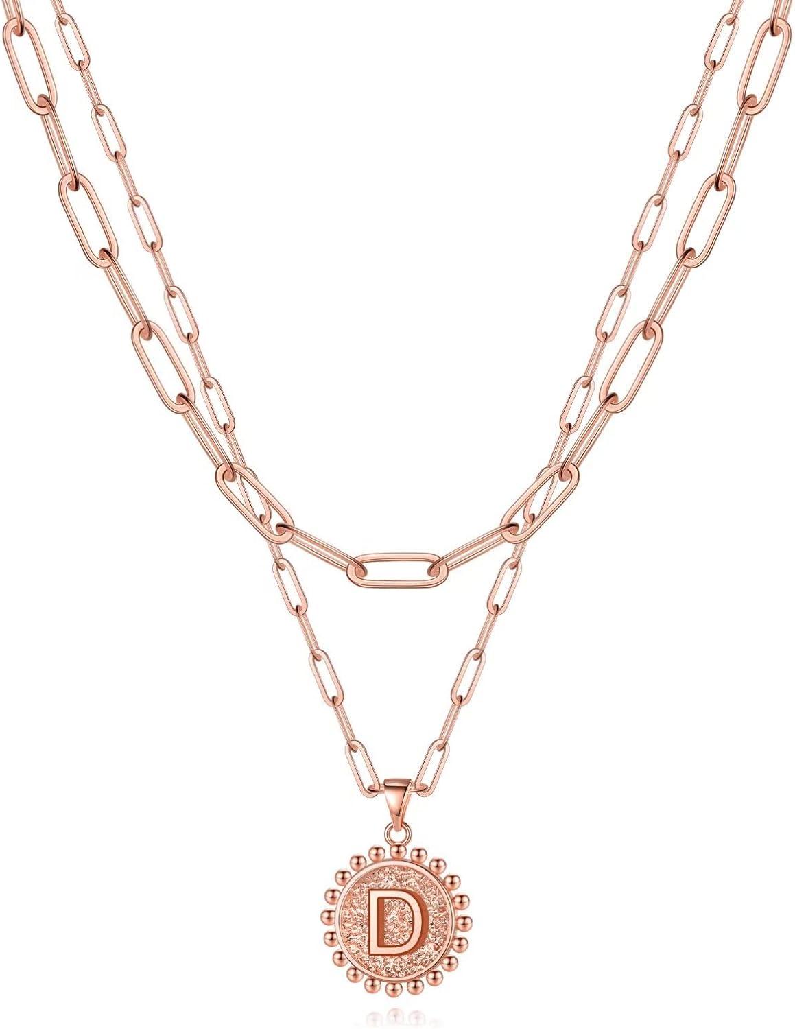 imageYoosteel Gold Layered Initial Necklaces for Women 14K Gold Plated Dainty Layering Paperclip Link Chain Necklace Coin Initial Layered Necklace Birthday Gifts for Women Teen GirlsRose Gold