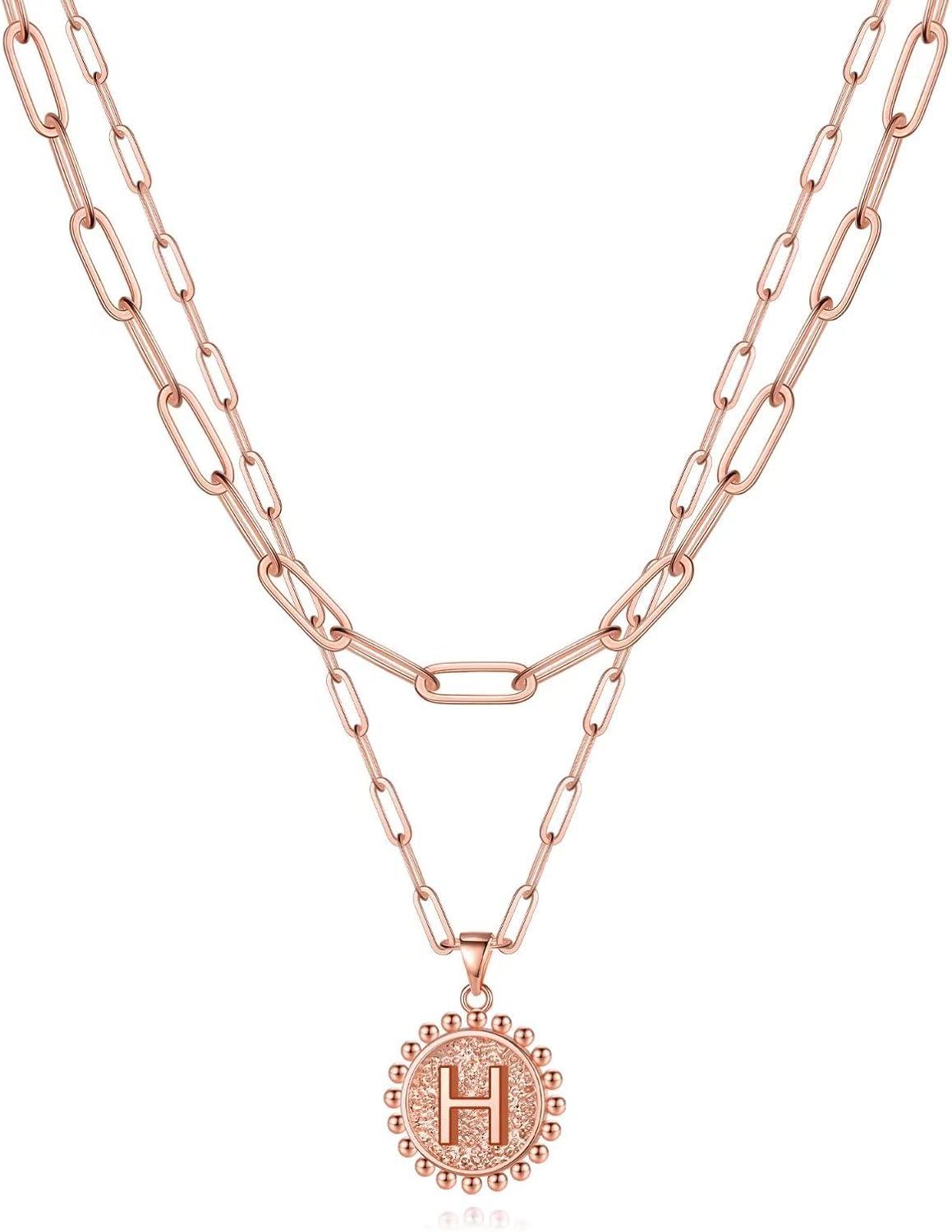 imageYoosteel Gold Layered Initial Necklaces for Women 14K Gold Plated Dainty Layering Paperclip Link Chain Necklace Coin Initial Layered Necklace Birthday Gifts for Women Teen GirlsRose Gold