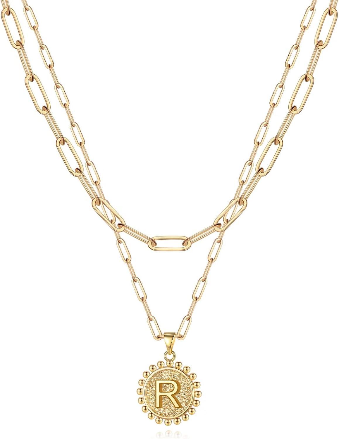imageYoosteel Gold Layered Initial Necklaces for Women 14K Gold Plated Dainty Layering Paperclip Link Chain Necklace Coin Initial Layered Necklace Birthday Gifts for Women Teen GirlsGold