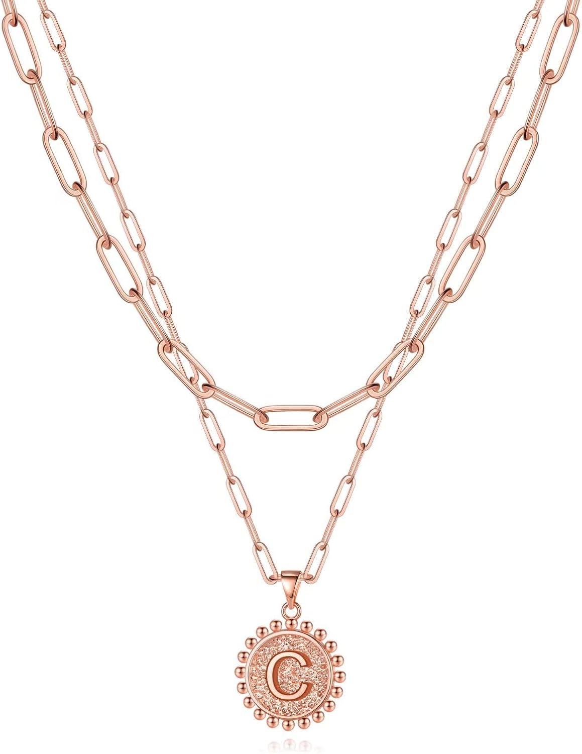 imageYoosteel Gold Layered Initial Necklaces for Women 14K Gold Plated Dainty Layering Paperclip Link Chain Necklace Coin Initial Layered Necklace Birthday Gifts for Women Teen GirlsRose Gold