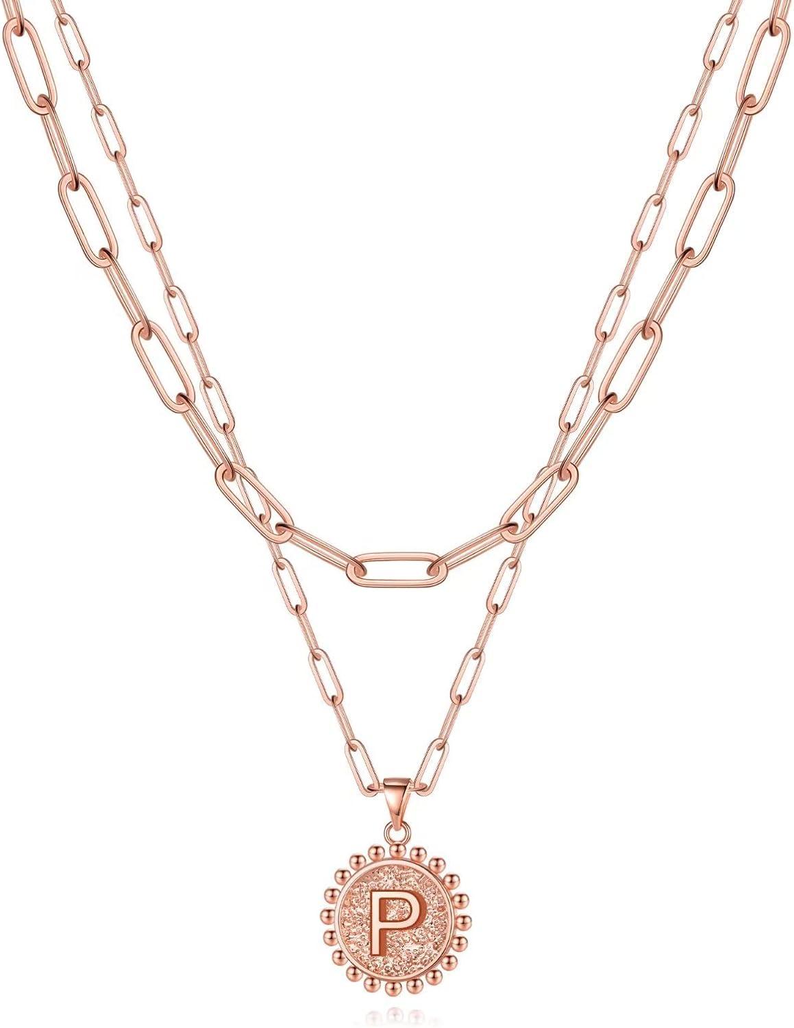 imageYoosteel Gold Layered Initial Necklaces for Women 14K Gold Plated Dainty Layering Paperclip Link Chain Necklace Coin Initial Layered Necklace Birthday Gifts for Women Teen GirlsRose Gold