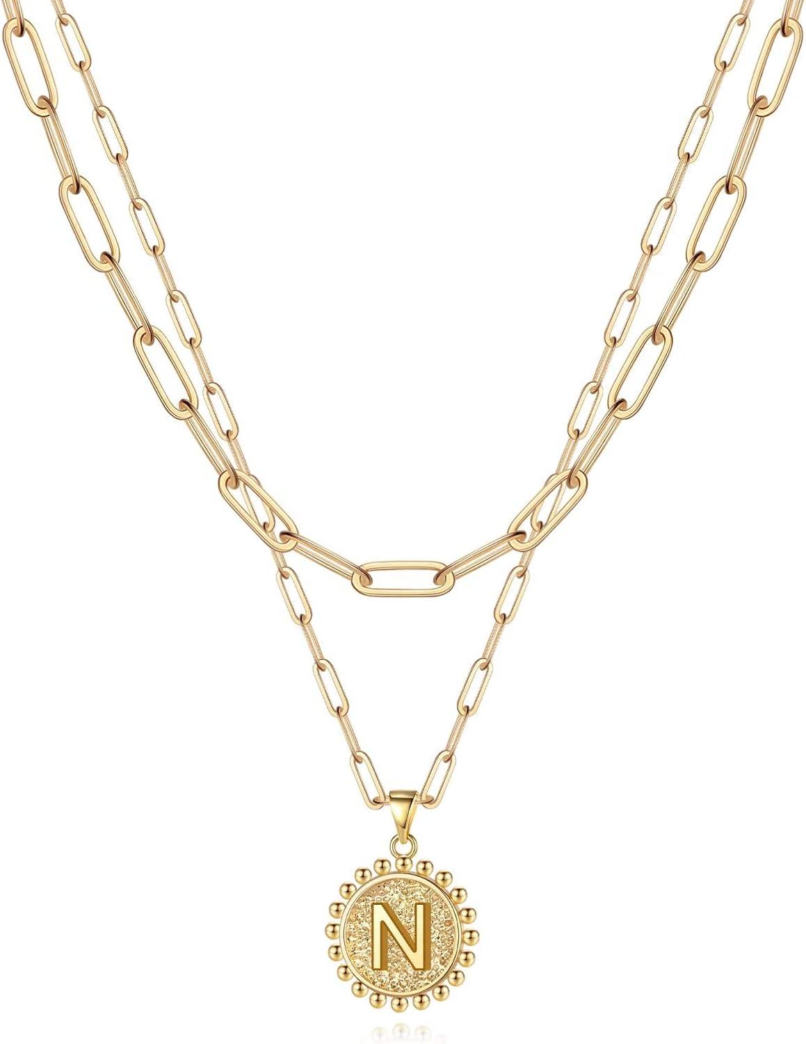 imageYoosteel Gold Layered Initial Necklaces for Women 14K Gold Plated Dainty Layering Paperclip Link Chain Necklace Coin Initial Layered Necklace Birthday Gifts for Women Teen GirlsGold