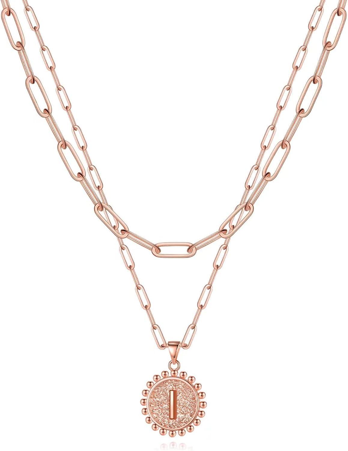 imageYoosteel Gold Layered Initial Necklaces for Women 14K Gold Plated Dainty Layering Paperclip Link Chain Necklace Coin Initial Layered Necklace Birthday Gifts for Women Teen GirlsRose Gold