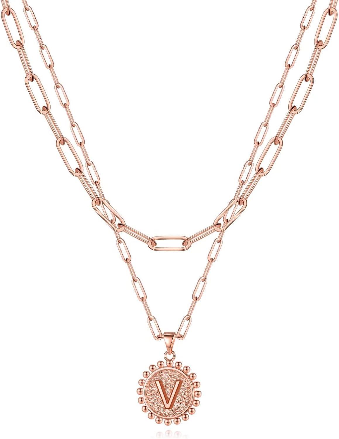 imageYoosteel Gold Layered Initial Necklaces for Women 14K Gold Plated Dainty Layering Paperclip Link Chain Necklace Coin Initial Layered Necklace Birthday Gifts for Women Teen GirlsRose Gold