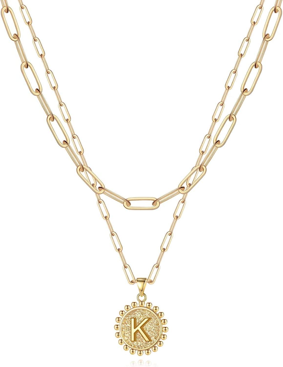 imageYoosteel Gold Layered Initial Necklaces for Women 14K Gold Plated Dainty Layering Paperclip Link Chain Necklace Coin Initial Layered Necklace Birthday Gifts for Women Teen GirlsGold
