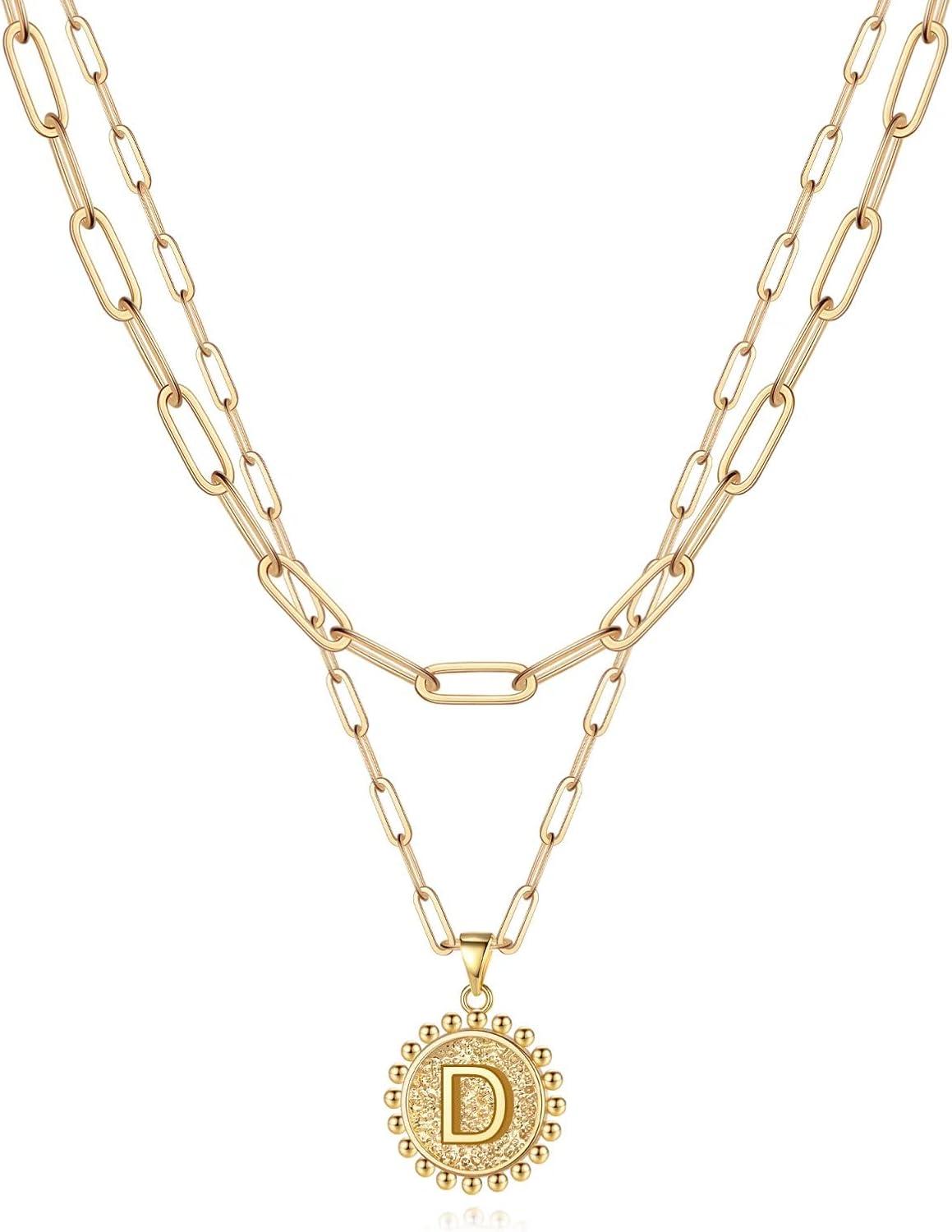 imageYoosteel Gold Layered Initial Necklaces for Women 14K Gold Plated Dainty Layering Paperclip Link Chain Necklace Coin Initial Layered Necklace Birthday Gifts for Women Teen GirlsGold