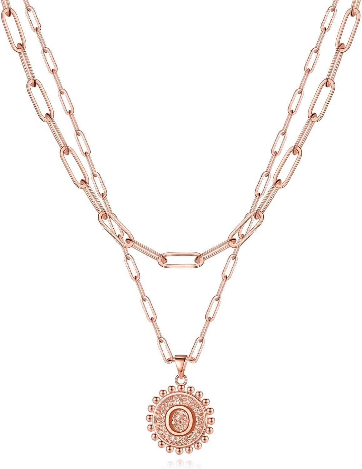 imageYoosteel Gold Layered Initial Necklaces for Women 14K Gold Plated Dainty Layering Paperclip Link Chain Necklace Coin Initial Layered Necklace Birthday Gifts for Women Teen GirlsRose Gold