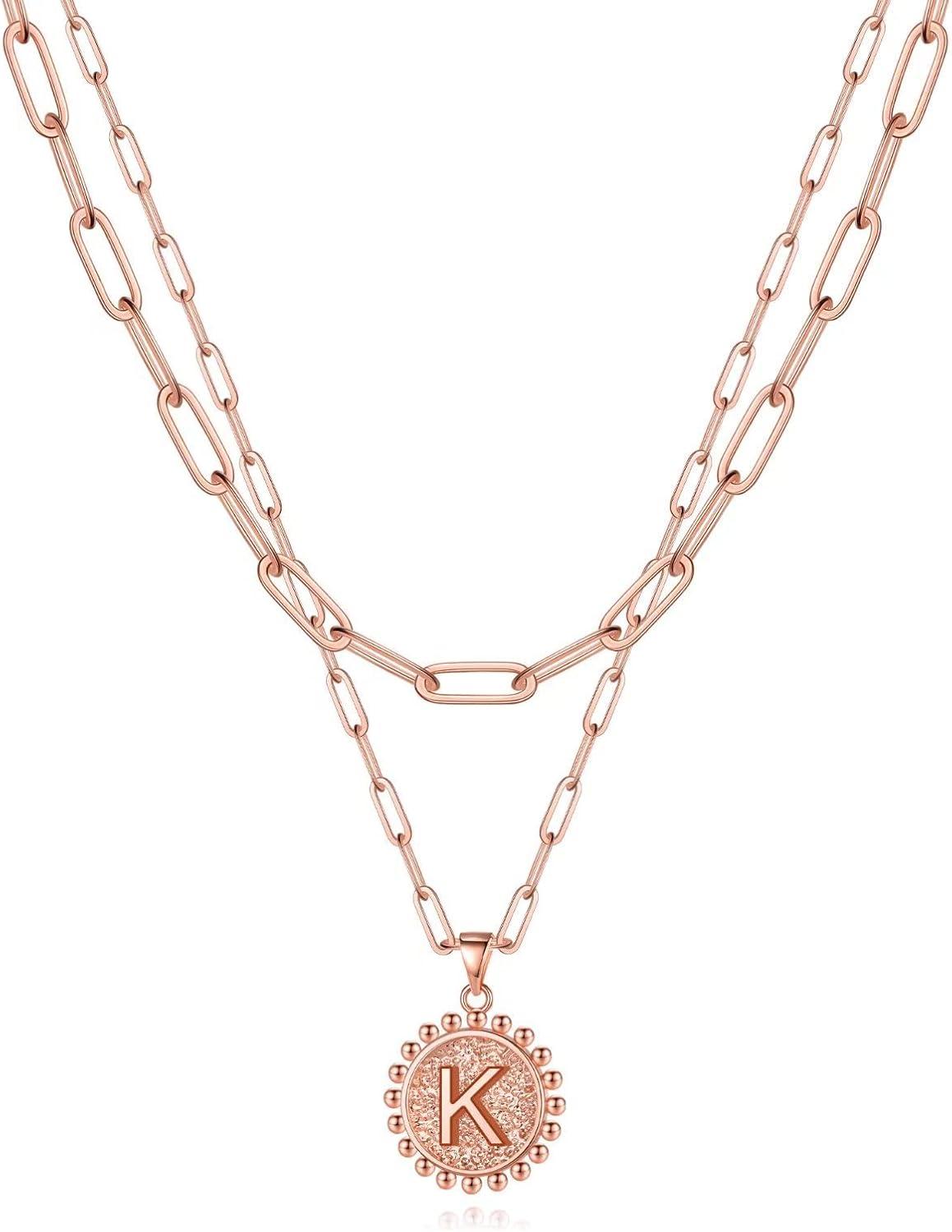 imageYoosteel Gold Layered Initial Necklaces for Women 14K Gold Plated Dainty Layering Paperclip Link Chain Necklace Coin Initial Layered Necklace Birthday Gifts for Women Teen GirlsRose Gold