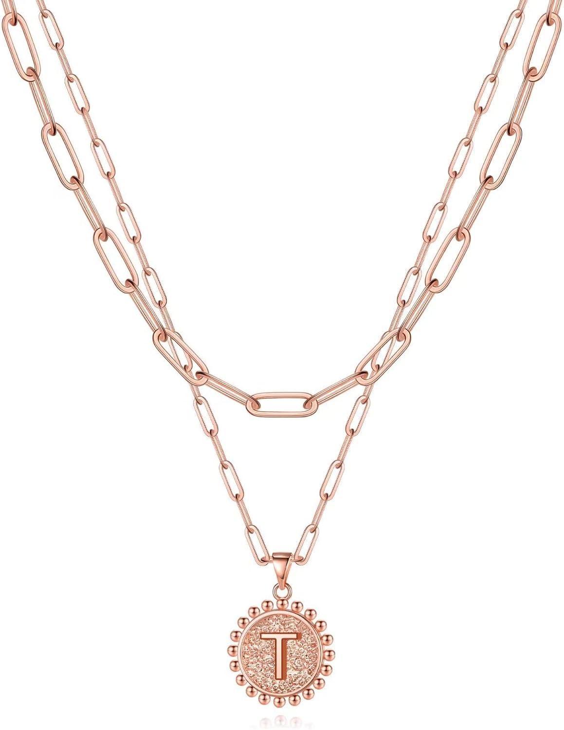 imageYoosteel Gold Layered Initial Necklaces for Women 14K Gold Plated Dainty Layering Paperclip Link Chain Necklace Coin Initial Layered Necklace Birthday Gifts for Women Teen GirlsRose Gold