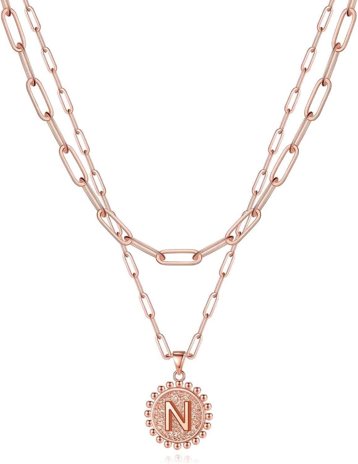 imageYoosteel Gold Layered Initial Necklaces for Women 14K Gold Plated Dainty Layering Paperclip Link Chain Necklace Coin Initial Layered Necklace Birthday Gifts for Women Teen GirlsRose Gold