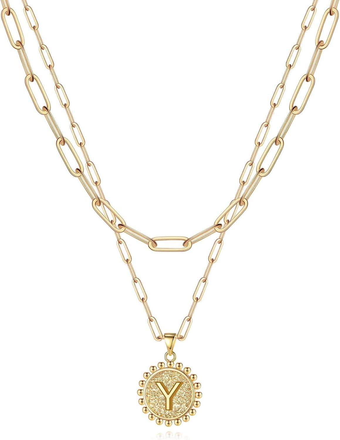 imageYoosteel Gold Layered Initial Necklaces for Women 14K Gold Plated Dainty Layering Paperclip Link Chain Necklace Coin Initial Layered Necklace Birthday Gifts for Women Teen GirlsGold