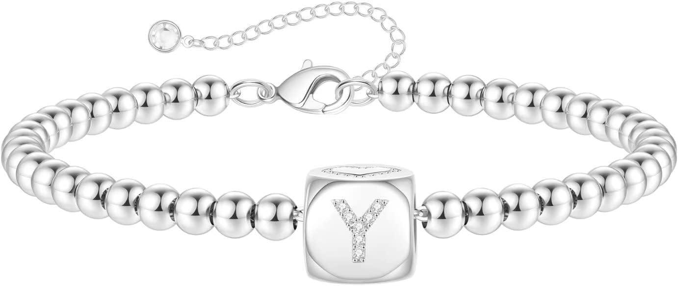 imageYoosteel Initial Beaded Bracelets for Women Trendy Letter Bead Bracelet Personalized Initial Bracelets for Women Bead Bracelet for Teen Girls Jewelry GiftsWhiteGoldPlated