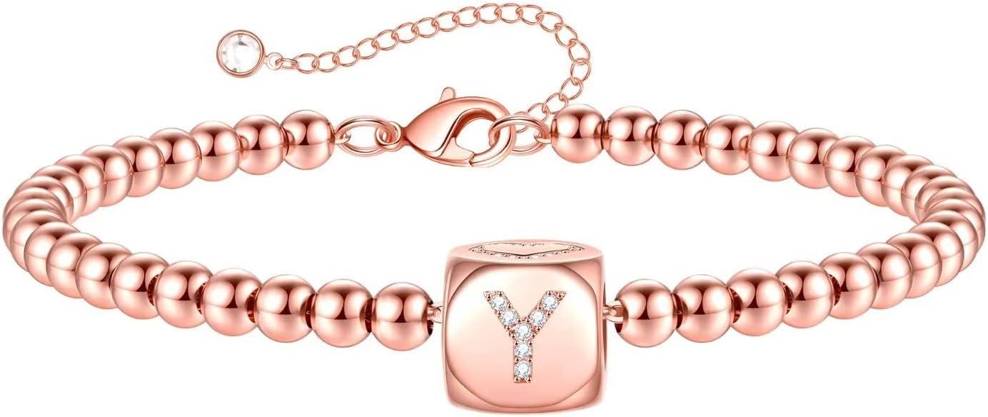 imageYoosteel Initial Beaded Bracelets for Women Trendy Letter Bead Bracelet Personalized Initial Bracelets for Women Bead Bracelet for Teen Girls Jewelry GiftsRoseGoldPlated