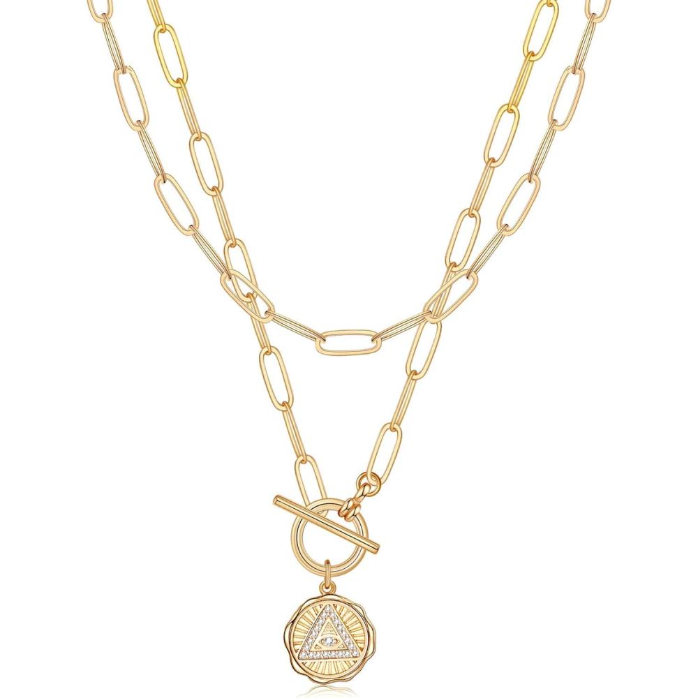imageGold Layered Necklaces for Women 14K Gold Plated Vintage Evil Eye Queen Elizabeth Bee Sun and Moon Medallion Necklace Retro Choker Chain Link Necklace Gold Layered Necklaces for Women JewelryTriangle Evil Eye