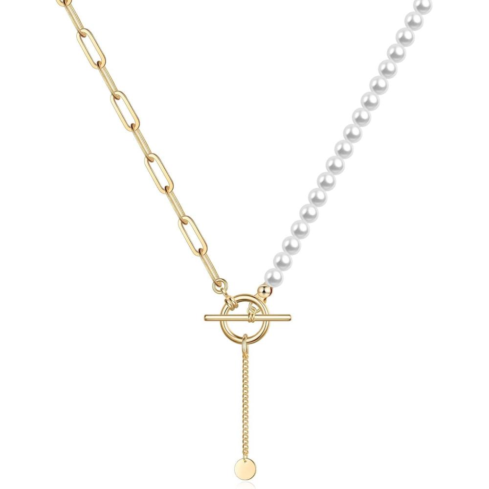 imageGold Layered Necklaces for Women 14K Gold Plated Vintage Evil Eye Queen Elizabeth Bee Sun and Moon Medallion Necklace Retro Choker Chain Link Necklace Gold Layered Necklaces for Women JewelryHalf Pearl Half Chain