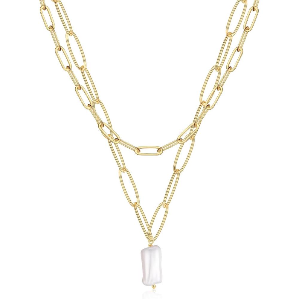 imageGold Layered Necklaces for Women 14K Gold Plated Vintage Evil Eye Queen Elizabeth Bee Sun and Moon Medallion Necklace Retro Choker Chain Link Necklace Gold Layered Necklaces for Women JewelryIrregular Pearl