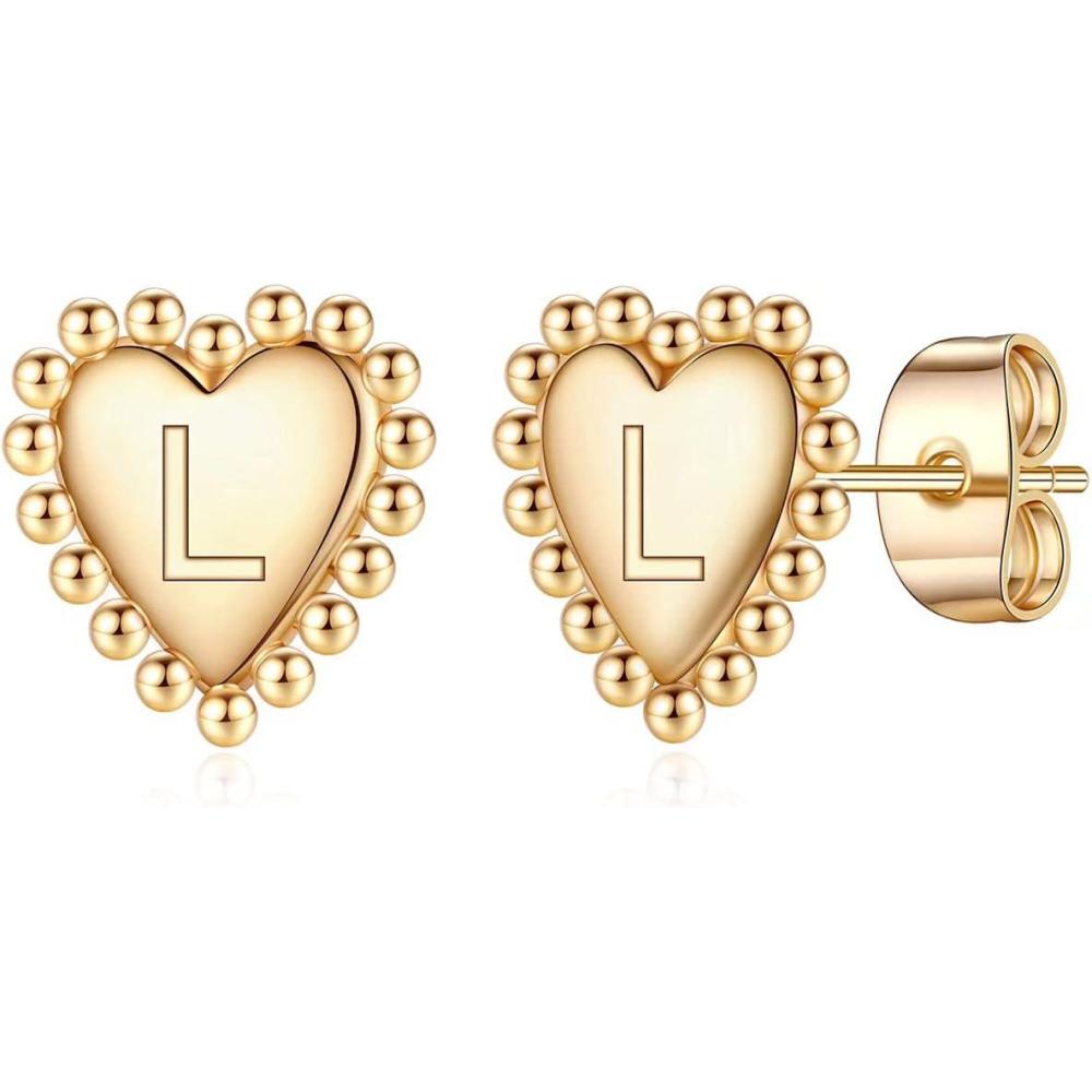 imageHeart Stud Earrings for Women Girls Gold Stud Earrings Letter L Initial Hypoallergenic Earrings for Women Mothers Day Valentines Gifts Toddler Kids Earrings for Girls Jewelry