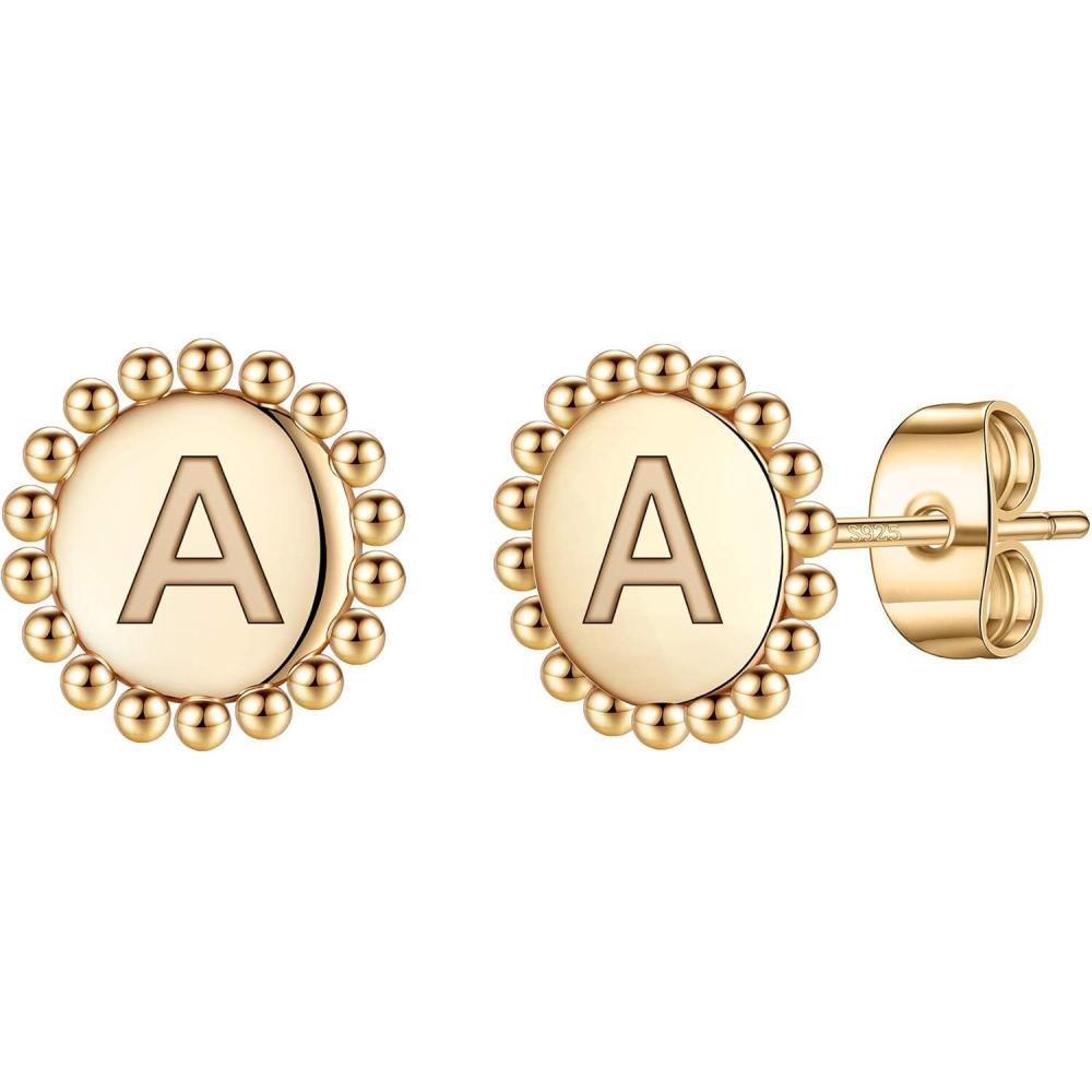 imageInitial Earrings for Girls Kids S925 Sterling Silver Post Gold Plated Cute Letter A Earrings Hypoallergenic Disc Stud Earrings for Girls Kids Earrings Toddler Earrings for Girls Jewelry
