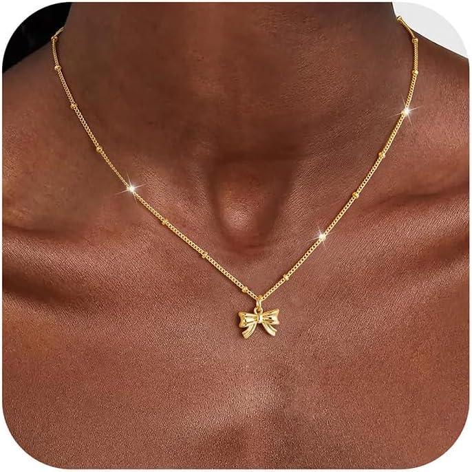 imageYoosteel 14KGoldPlated Necklace for Girls Women Dainty Bow Necklaces Cute Choker Small Tiny Bow Pendant Chain Necklace Trendy Jewelry Gift for Teen Girl WomenWide Bow