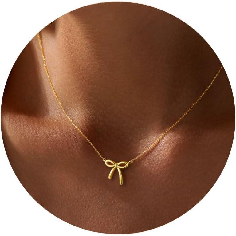 imageYoosteel 14KGoldPlated Necklace for Girls Women  Dainty Bow Necklaces Cute Choker Small Tiny Bow Pendant Chain Necklace Trendy Jewelry Gift for Teen Girl WomenSimple Chain Bow