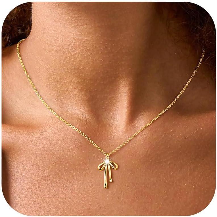 imageYoosteel 14KGoldPlated Necklace for Girls Women  Dainty Bow Necklaces Cute Choker Small Tiny Bow Pendant Chain Necklace Trendy Jewelry Gift for Teen Girl WomenCZ Bow