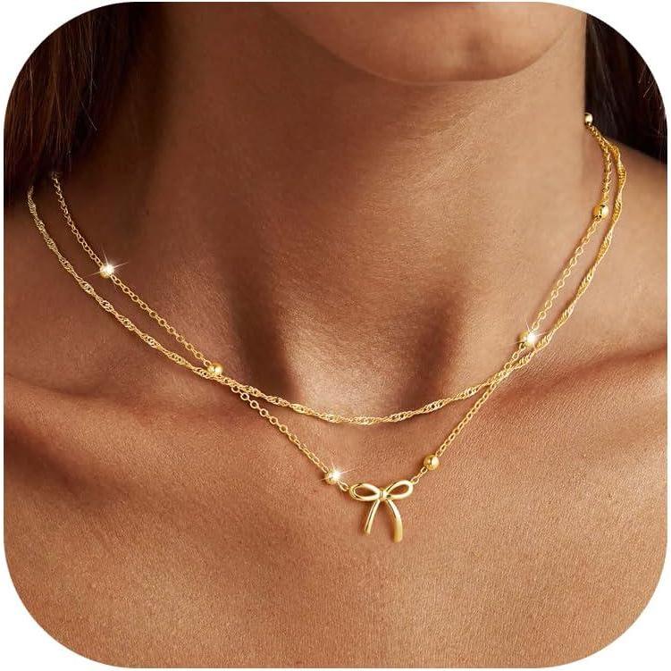 imageYoosteel 14KGoldPlated Necklace for Girls Women Dainty Bow Necklaces Cute Choker Small Tiny Bow Pendant Chain Necklace Trendy Jewelry Gift for Teen Girl WomenLayer Beaded Chain Bow