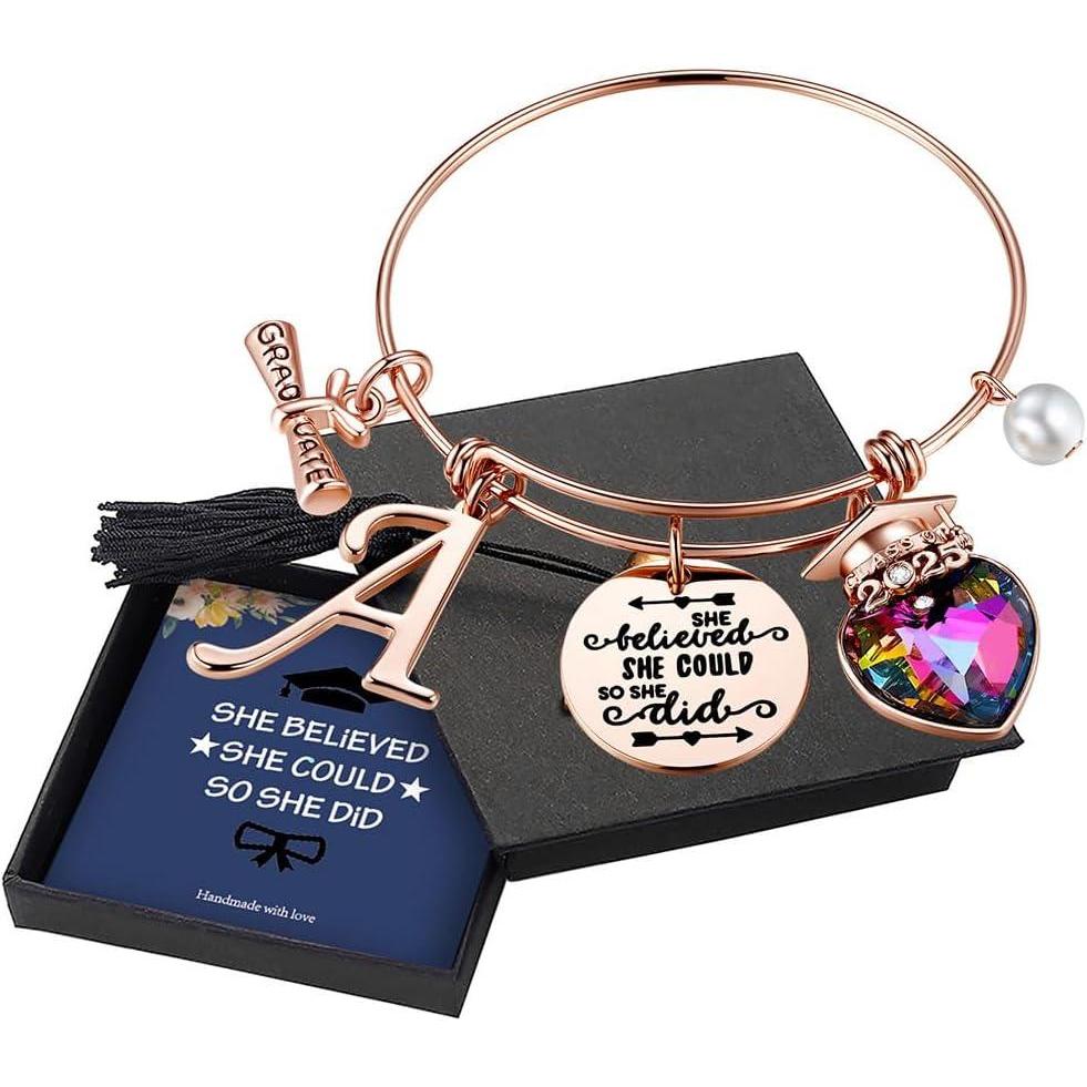 imageYoosteel 2025 Graduation Gifts Initial Bracelets Engraved Inspirational Bracelets She Believed She Could Bracelet College Graduation Gifts for HerRose Gold