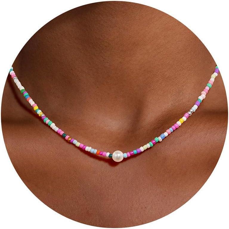 imageYoosteel Beaded Necklace for Girls Women Colorful Bead Choker Necklaces 14KGoldPlated Cute Boho Pearls Beaded Necklace Trendy Jewelry Gifts for Teen Girl WomenRound Pearl Colorful Bead
