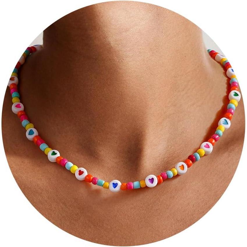 imageYoosteel Beaded Necklace for Girls Women Colorful Bead Choker Necklaces 14KGoldPlated Cute Boho Pearls Beaded Necklace Trendy Jewelry Gifts for Teen Girl WomenHeart Colorful Bead