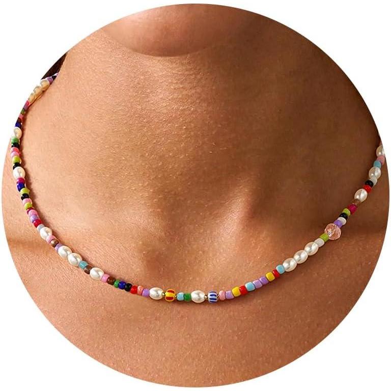 imageYoosteel Beaded Necklace for Girls Women Colorful Bead Choker Necklaces 14KGoldPlated Cute Boho Pearls Beaded Necklace Trendy Jewelry Gifts for Teen Girl WomenOval Pearl Colorful Bead