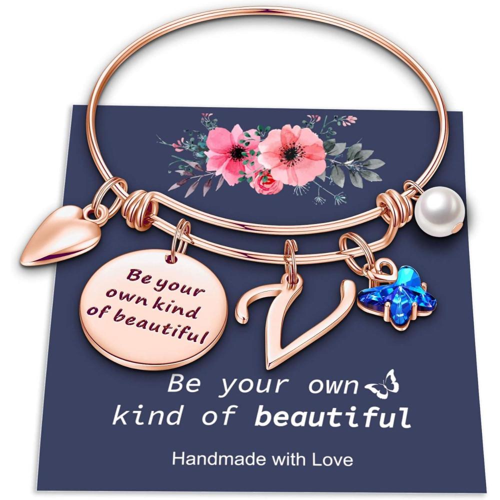 imageYoosteel Butterfly Initial Bracelets for Teen Girls Women Gifts Initial Charm Be Your Own Kind of Beautiful Inspirational Expandable Bangle Bracelets Gifts for Girls Women Jewelry GiftsVRose Gold