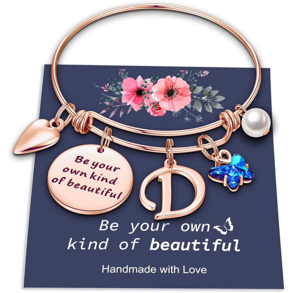 imageYoosteel Butterfly Initial Bracelets for Teen Girls Women Gifts Initial Charm Be Your Own Kind of Beautiful Inspirational Expandable Bangle Bracelets Gifts for Girls Women Jewelry GiftsDRose Gold