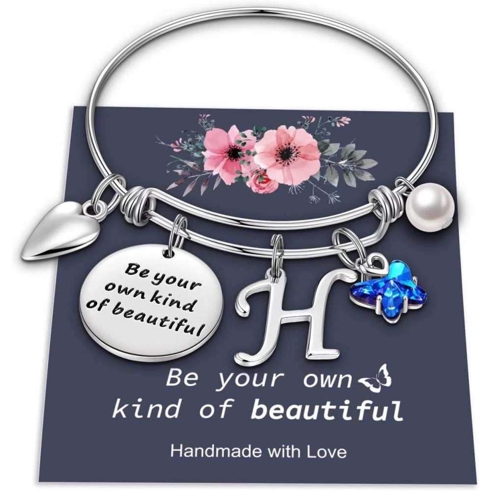 imageYoosteel Butterfly Initial Bracelets for Teen Girls Women Gifts Initial Charm Be Your Own Kind of Beautiful Inspirational Expandable Bangle Bracelets Gifts for Girls Women Jewelry GiftsHSilver