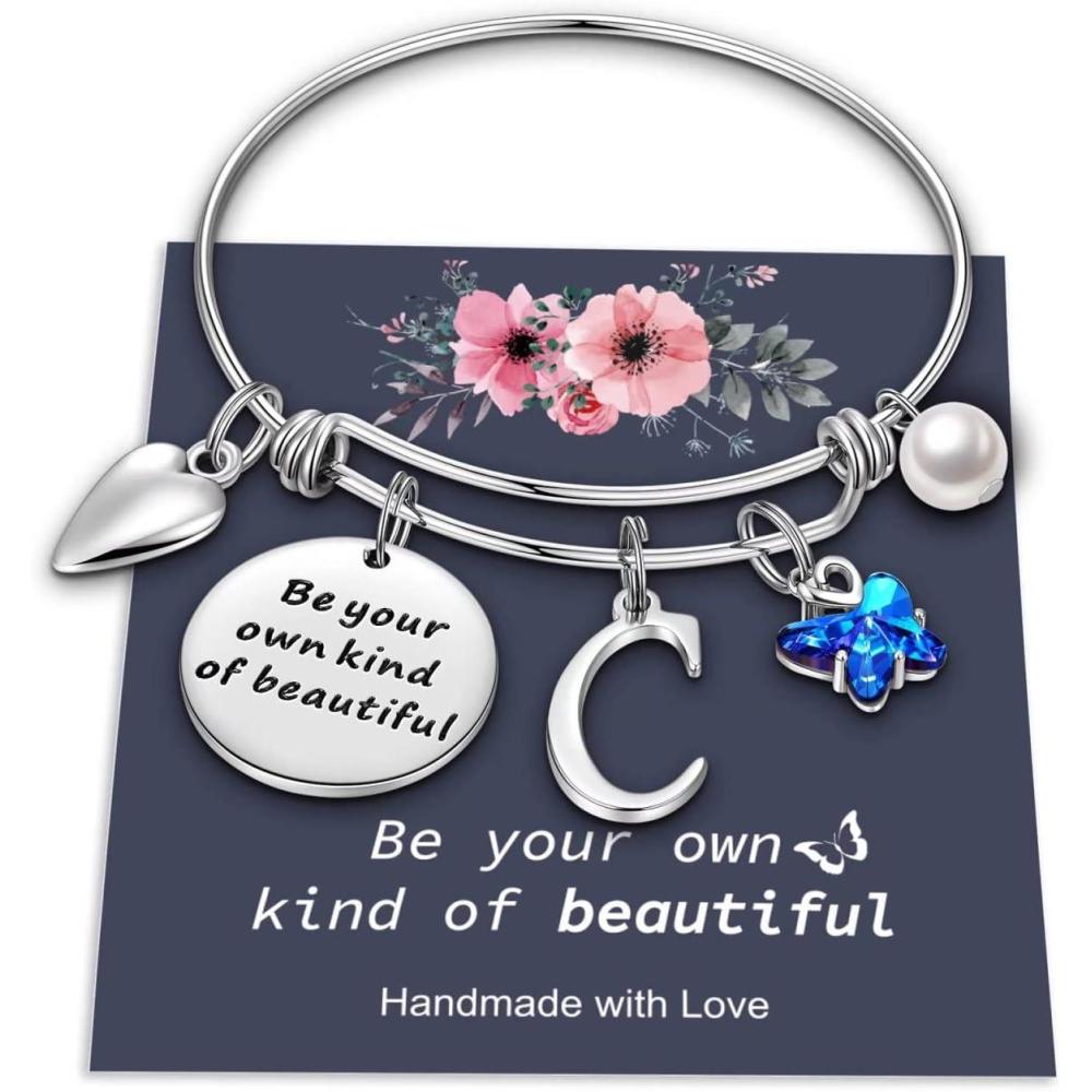 imageYoosteel Butterfly Initial Bracelets for Teen Girls Women Gifts Initial Charm Be Your Own Kind of Beautiful Inspirational Expandable Bangle Bracelets Gifts for Girls Women Jewelry GiftsCSilver