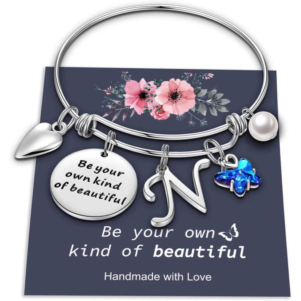 imageYoosteel Butterfly Initial Bracelets for Teen Girls Women Gifts Initial Charm Be Your Own Kind of Beautiful Inspirational Expandable Bangle Bracelets Gifts for Girls Women Jewelry GiftsNSilver
