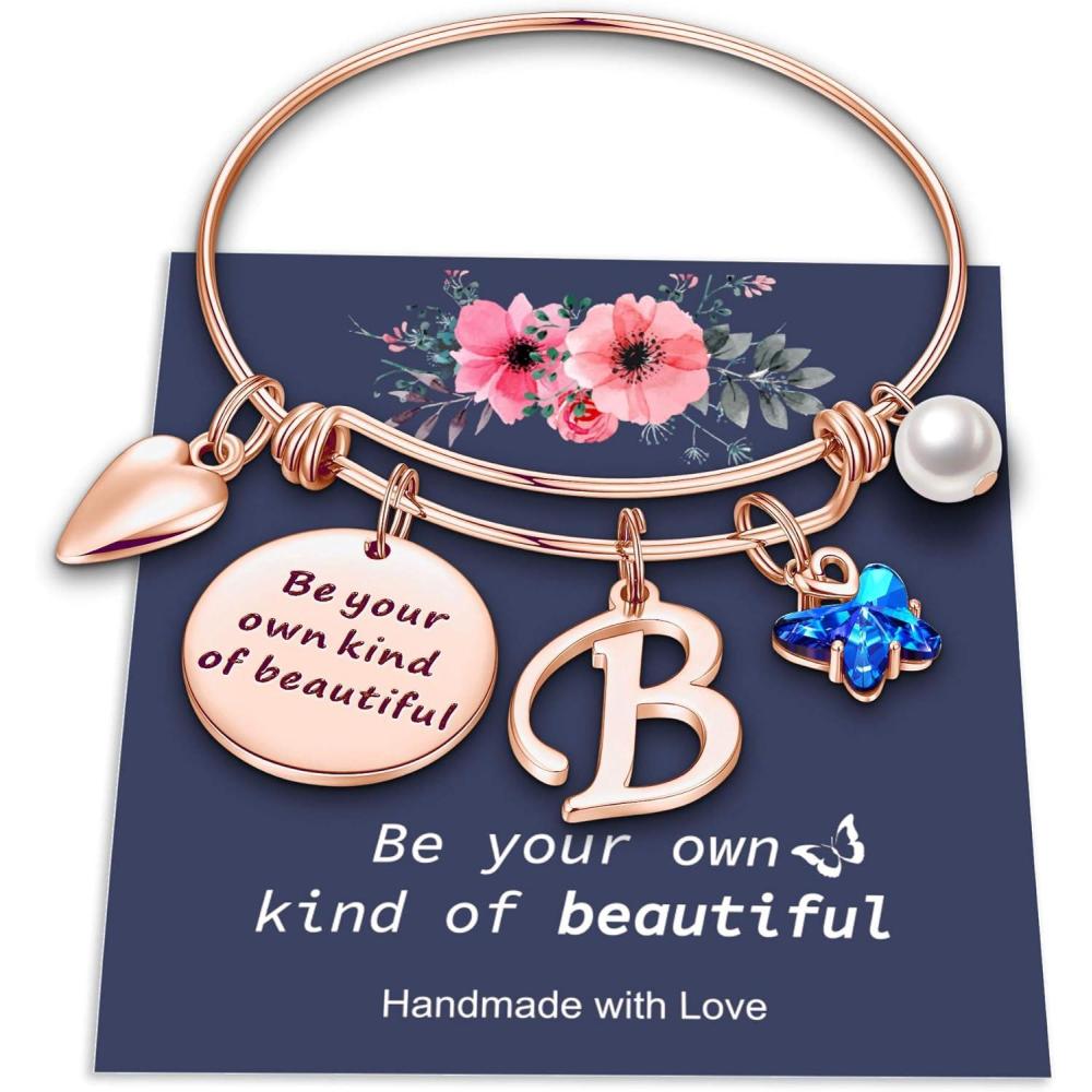 imageYoosteel Butterfly Initial Bracelets for Teen Girls Women Gifts Initial Charm Be Your Own Kind of Beautiful Inspirational Expandable Bangle Bracelets Gifts for Girls Women Jewelry GiftsBRose Gold