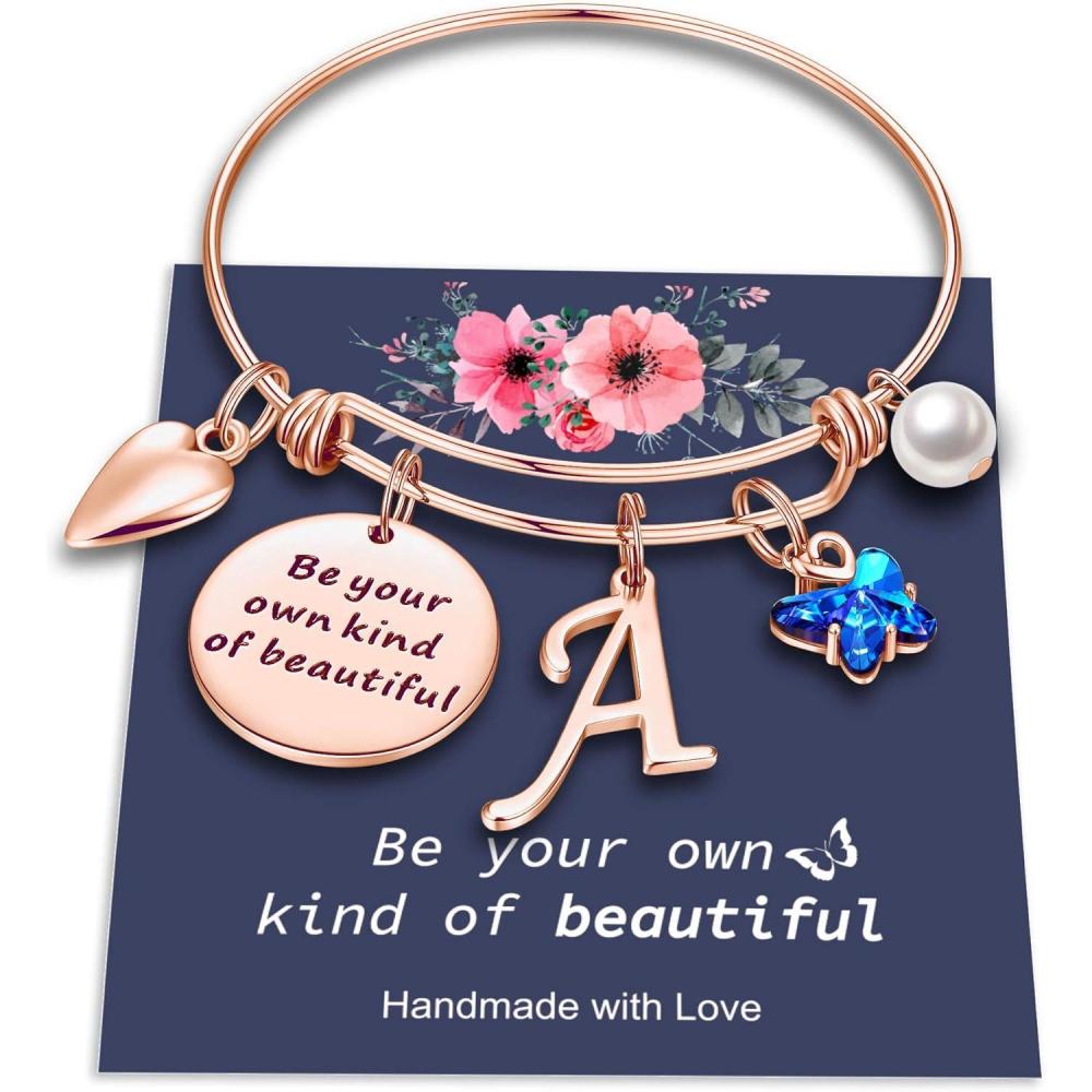 imageYoosteel Butterfly Initial Bracelets for Teen Girls Women Gifts Initial Charm Be Your Own Kind of Beautiful Inspirational Expandable Bangle Bracelets Gifts for Girls Women Jewelry GiftsARose Gold